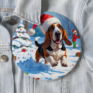 Basset Hound Weihnachtsfestliche Schneeszene Button