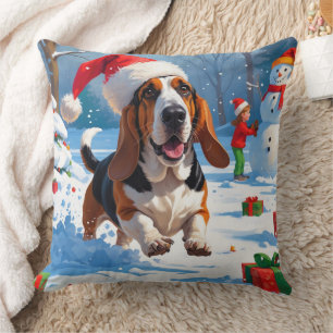 Basset Hound Weihnachtsfestliche Schneeszene Kissen