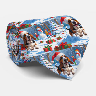 Basset Hound Weihnachtsfestliche Schneeszene Krawatte