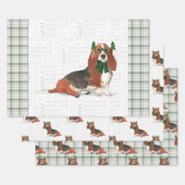 Basset Hound Weihnachtshund und Green Holiday Kari Geschenkpapier Set