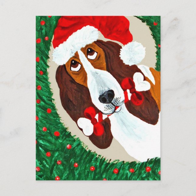Basset Hound Weihnachtskranz Feiertagspostkarte (Vorderseite)