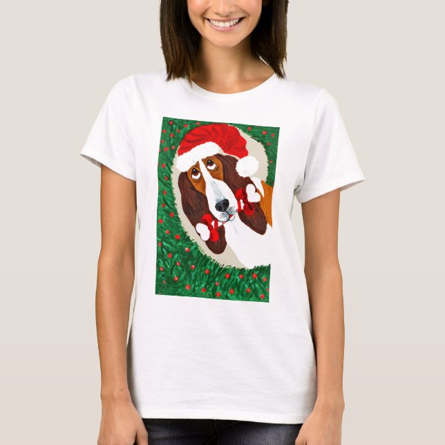Basset Hound-WeihnachtsKranz T-Shirt (Vorderseite)