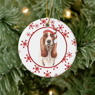 Basset Hound Weihnachtsmannmütze Red Snowflake Keramik Ornament