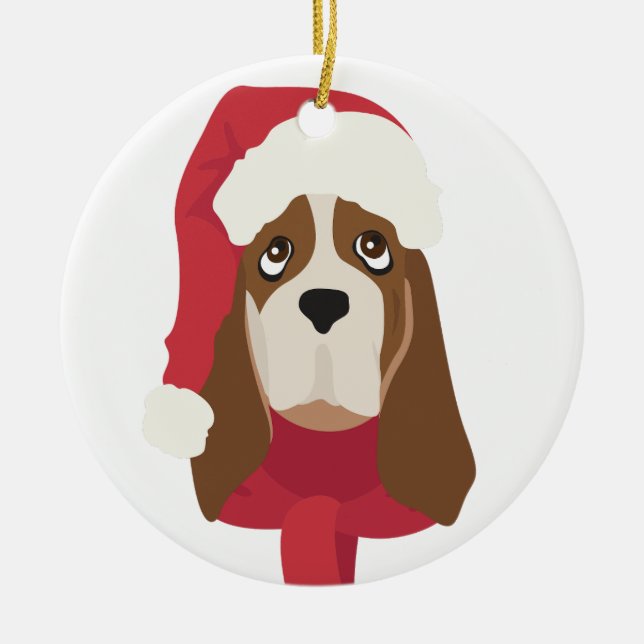 Basset Hound Weihnachtsschmuck. Snow Keramik Ornament (Vorne)