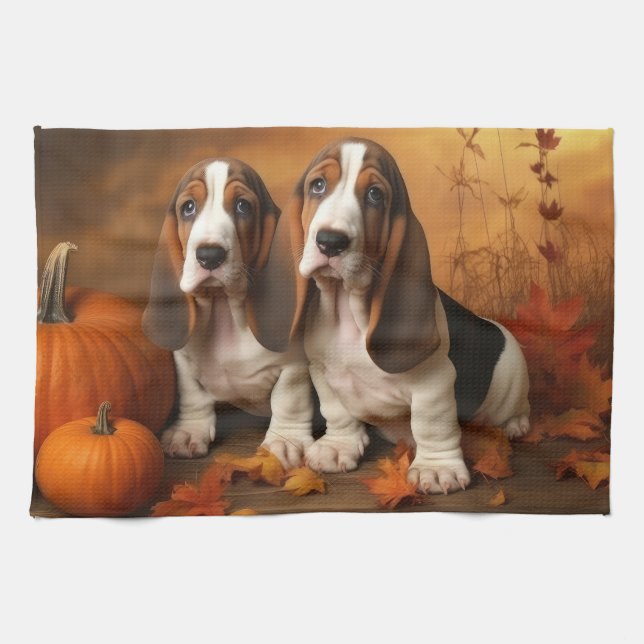 Basset Hound Welpe Herbst Delight Pumpen Geschirrtuch (Horizontal)