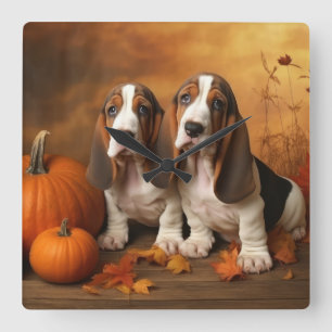 Basset Hound Welpe Herbstfreude Kürbis Quadratische Wanduhr