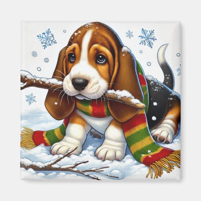 Basset Hound Welpe im Schnee mit Scarf und Zweig Magnet (Vorne)
