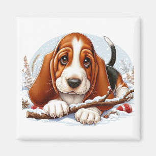 Basset Hound Welpe in Snowy Winter Szene Magnet
