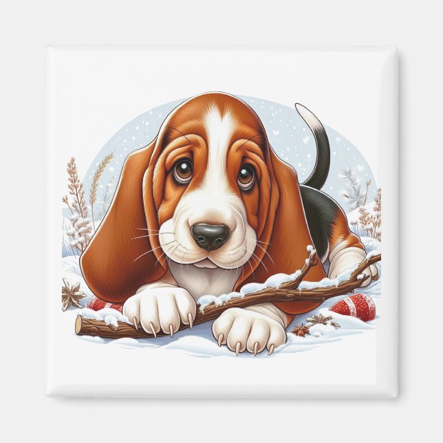 Basset Hound Welpe in Snowy Winter Szene Magnet (Vorne)