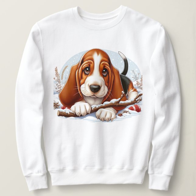 Basset Hound Welpe in Snowy Winter Szene Sweatshirt (Design vorne)