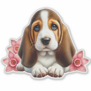 Basset Hound Welpe mit Blume Aufkleber