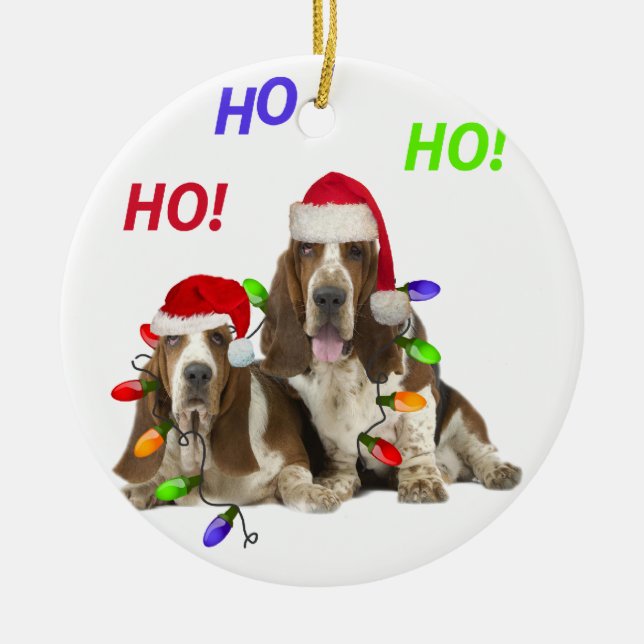 Basset HoundHo Ho Ho Weihnachts   verzierung Keramikornament (Vorne)