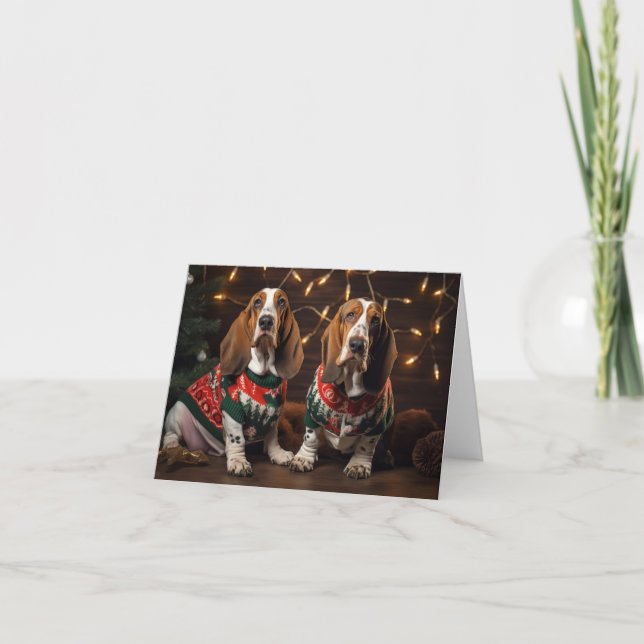 Basset Hounds in Christmas Sweatcard Karte (Vorderseite)