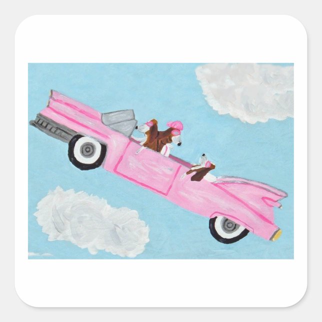 Basset Hounds in rosa Cabrio Sticker (Vorderseite)