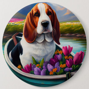 Basset Hund auf einem Paddle: Ein Landschaftliches Button