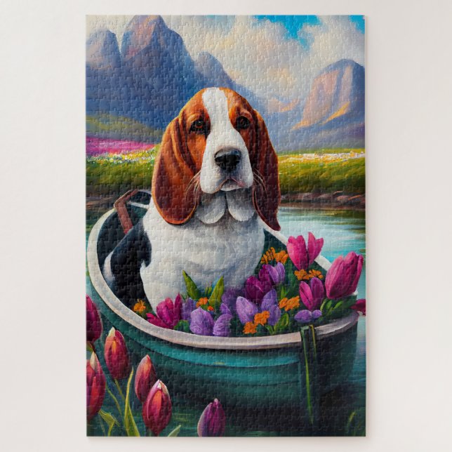 Basset Hund auf einem Paddle: Ein Landschaftliches Puzzle (Vertikal)