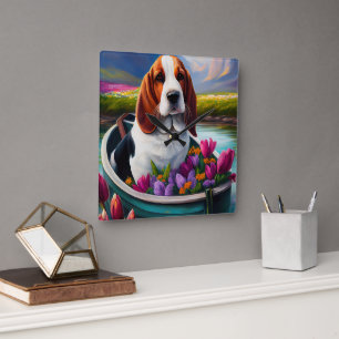 Basset Hund auf einem Paddle: Ein Landschaftliches Quadratische Wanduhr