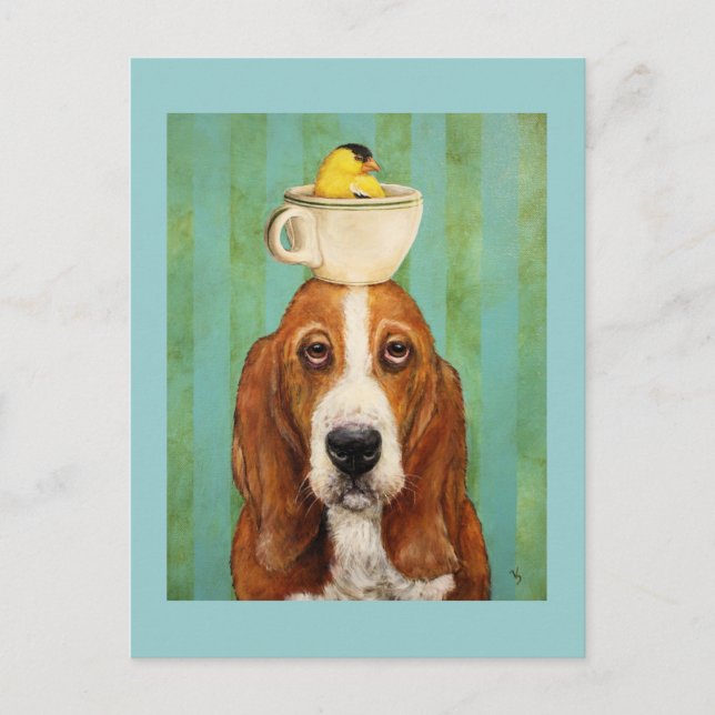 Basset-Hund mit Goldfinch in Teacup-Postkarte Postkarte (Vorderseite)