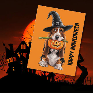 Basset-Hund mit Hexenkürbis und Kürbis Postkarte