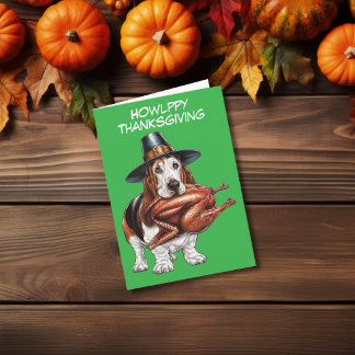 Basset-Hund mit Truthühner im Mund Erntedank Karte