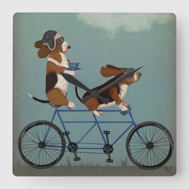Basset-Hund Tandem Quadratische Wanduhr (Vorderseite)