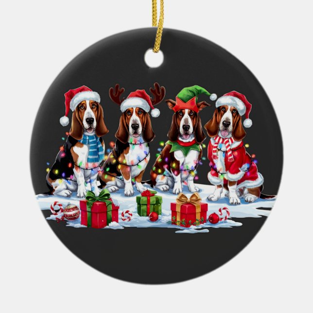 Basset Hund Weihnachtsmannmütze Geweih Elf Weihnac Keramik Ornament (Vorne)