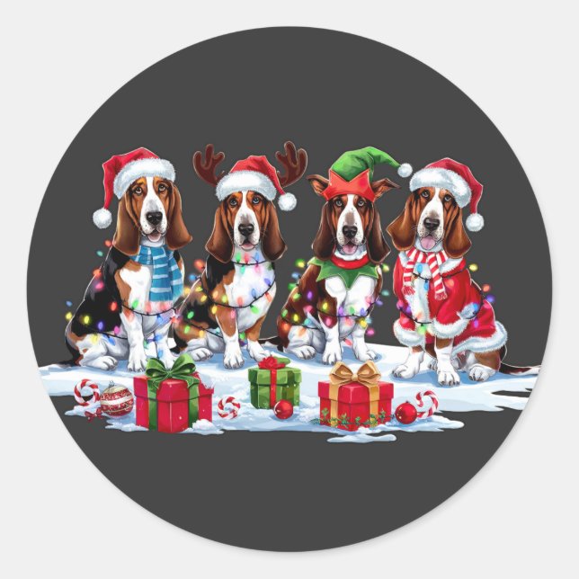 Basset Hund Weihnachtsmannmütze Geweih Elf Weihnac Runder Aufkleber (Vorderseite)