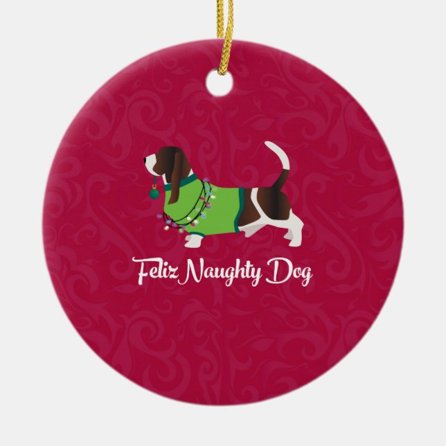 Bassett Hound Christmas Feliz Naughty Dog Keramik Ornament (Vorne)