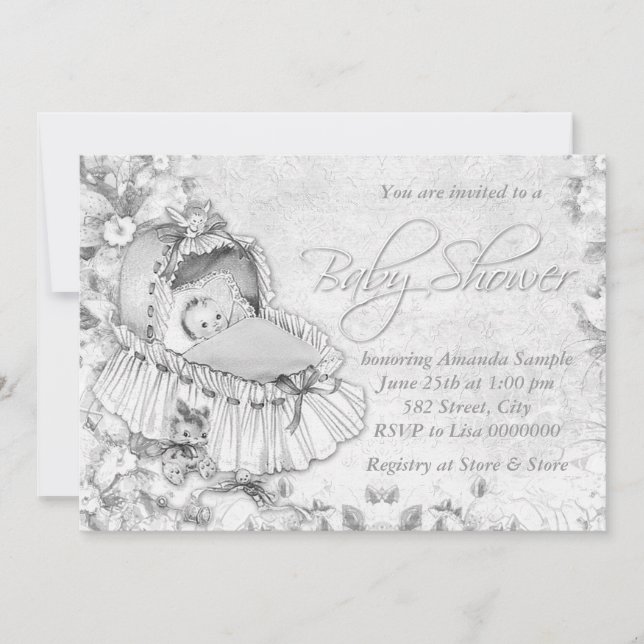 Bassinet Vintag White Baby Dusche Einladung (Vorderseite)