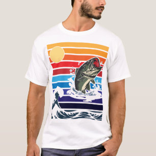 Bassmaul Retro-Sonnenuntergang Springender Fisch T-Shirt