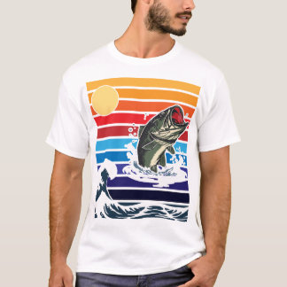 Bassmaul Retro-Sonnenuntergang Springender Fisch T-Shirt