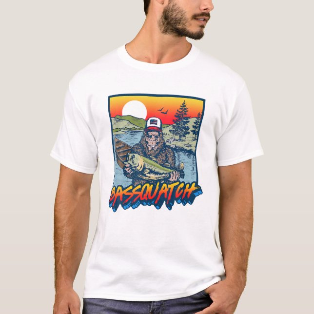 Bassquatch! Funny Bass Fishing Sasquatch Retro 80e T-Shirt (Vorderseite)