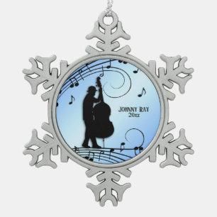 Bassspieler Blau Name und Datum Schneeflocken Zinn-Ornament