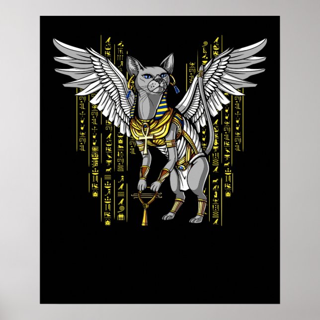 Bastet Egyptian Cat Goddess Ankh Hieroglyphs Poster (Vorne)