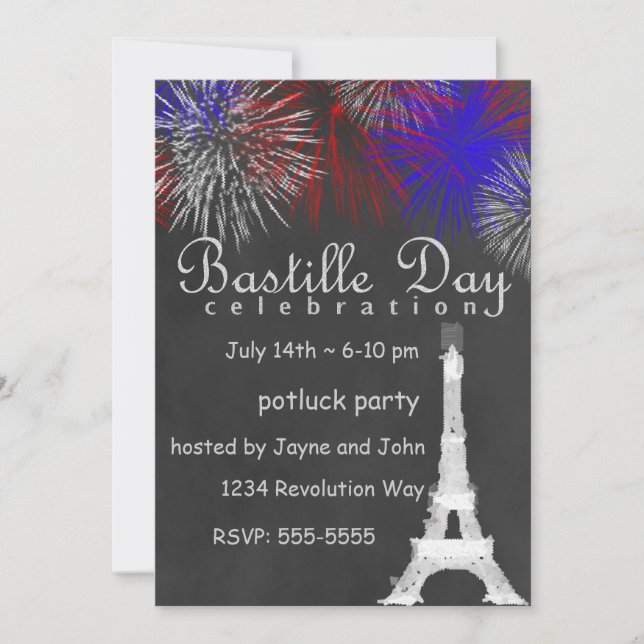 Bastille Day Fireworks Chalkboard Party Einladung (Vorderseite)