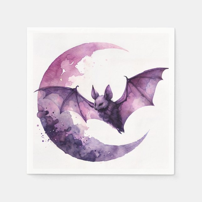 Bat and Crescent Moon Lila Wasserfarbe Kunst Serviette (Vorderseite)