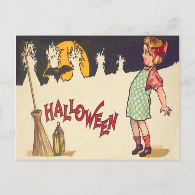 Bat Broom Lantern Moon Cornstalk Girl Postkarte (Vorderseite)