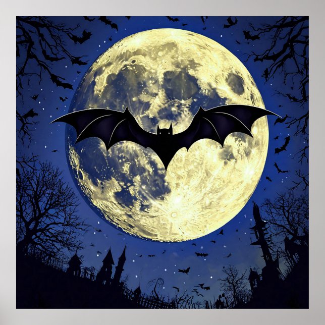 Bat Flying Over Moonlit Sky Poster (Vorne)