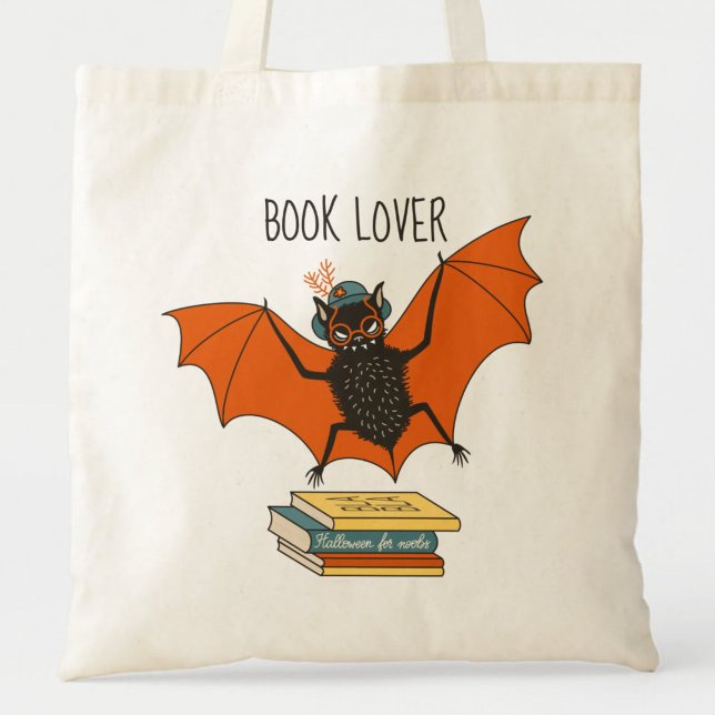 Bat Granny Book Lover Tragetasche (close up of a canvas tote bag with flying funny cartoon bat librarian and the text book lover)