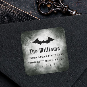 Bat Halloween Black Grunge Rücksendeadresse Quadratischer Aufkleber