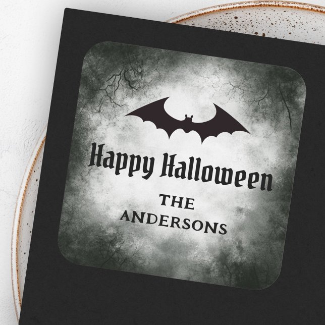 Bat Happy Halloween Black Grunge Quadratischer Aufkleber (Bat Happy Halloween black grunge Square Sticker)