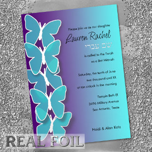 Bat Mitzvah Abmessungen Schmetterling Türkis Lila Folieneinladung