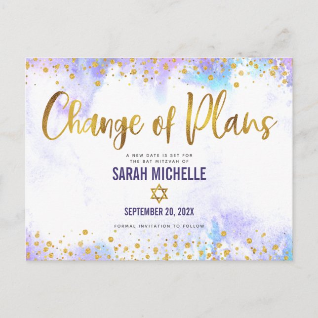 Bat Mitzvah Änderung der Pläne Gold Lila Wasserfar Einladungspostkarte (Vorderseite)