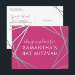 Bat Mitzvah Änderung der Pläne Modernes rosa Silbe Ankündigungspostkarte<br><div class="desc">Moderne, trendige und elegante, hellrosa und silberne Bat Mitzvah Postkarte, um eine Feier oder Zeremonie Änderung in den Plänen zu einem virtuellen Ereignis, mit einem modernen abstrakten geometrischen Quadrat Rand verkünden. Mit individuelle Name, Datum und Details zu Ihrer lustigen und raffinierten Feier personalisieren Sie diese kostengünstige Postkarte für Ihr Virtual...</div>