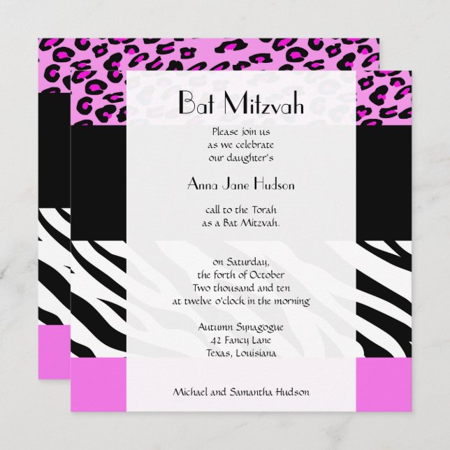 Bat Mitzvah - Animal Print, Zebra, Leopard, Rosa Einladung (Vorne/Hinten)