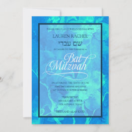 Bat Mitzvah Aqua Blue Wasserfarbe Blume Einladung