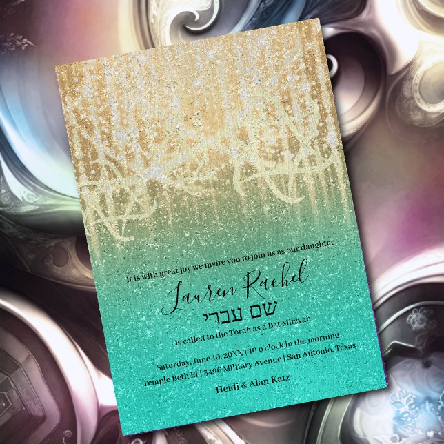 Bat Mitzvah Aqua Gold Extra Funkelnd Einladung (Von Creator hochgeladen)