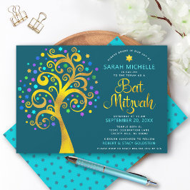 Bat Mitzvah Aquamarin Blauer Chic Goldener Tree of Einladung
