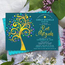 Bat Mitzvah Aquamarin Gold Foil Script Tree of Lif Einladung