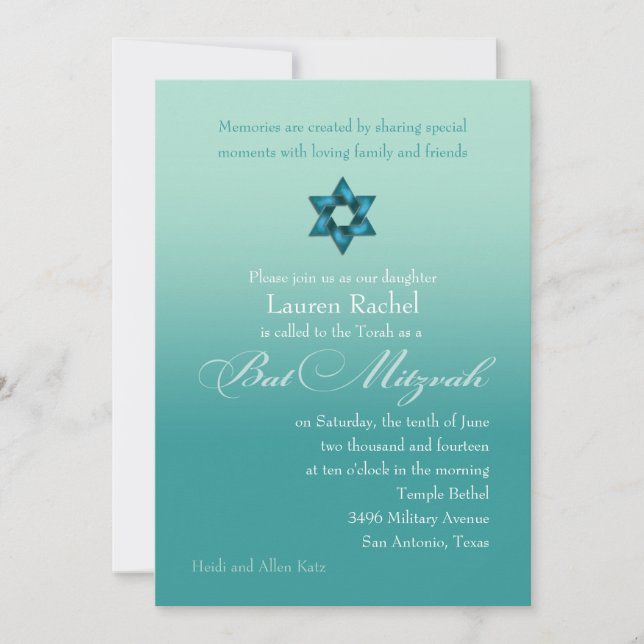 Bat Mitzvah Aquamarin Ombre mit Star Einladung (Vorderseite)